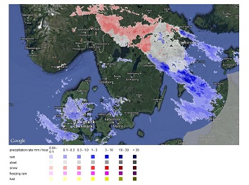 MeteoGroups klassificerade radarbild där du kan se vilken typ av nederbörd som faller.